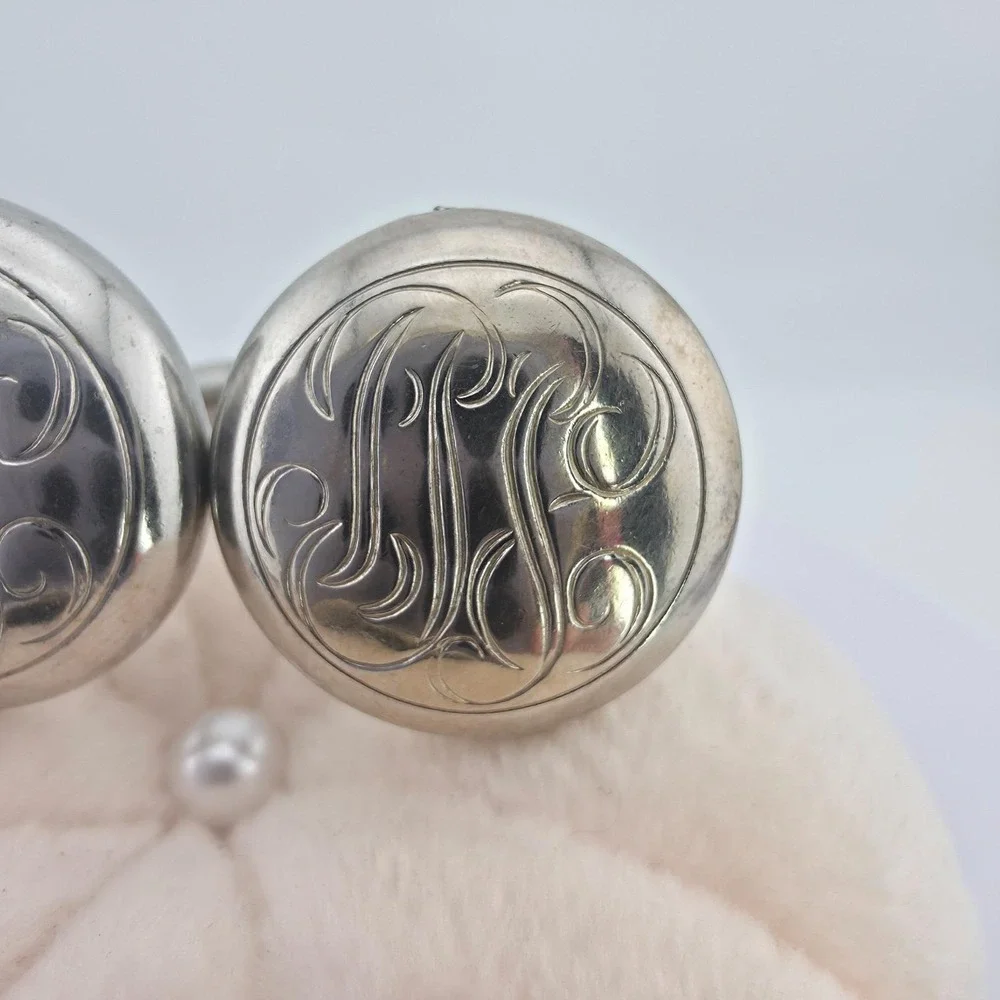 Vintage Cufflinks Engraved Monogram Scrollwork Elegant Silver Plate Bullet Back